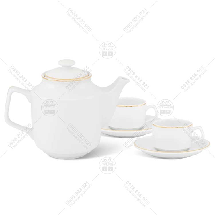 Bộ Trà Jasmine Trắng Viền Chỉ Vàng Minh Long In Logo - ảnh 2